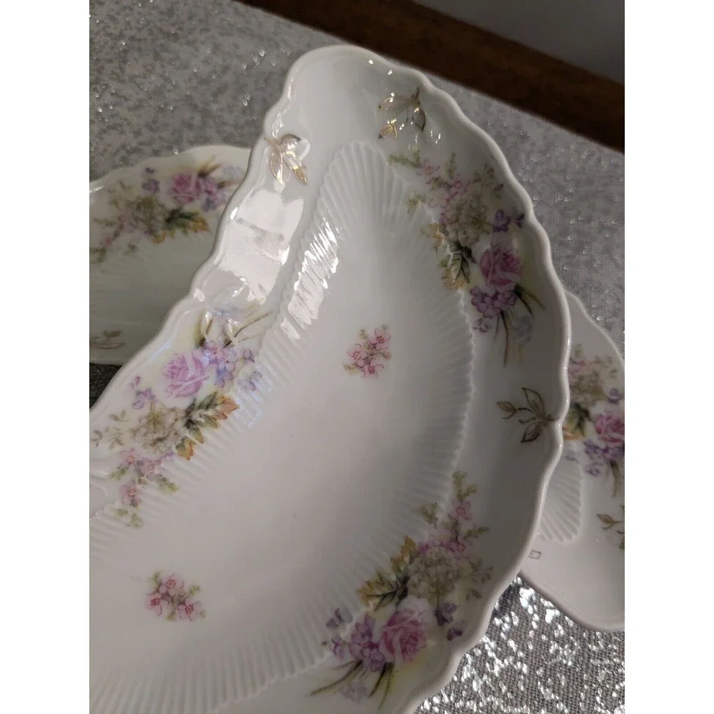 C.T. Carl Tielsch Flower Porcelain 2 Fish Bone Plates 1800-1900 Germany Antique